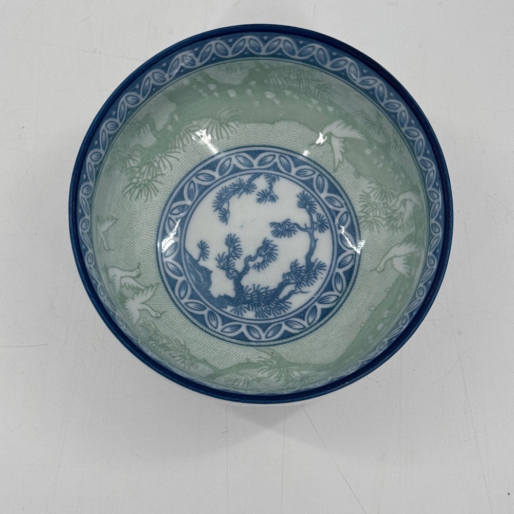 Vintage Korean Porcelain Rice Bowl Blue Green Crane Pine Tree Korea - Picture 3 of 8